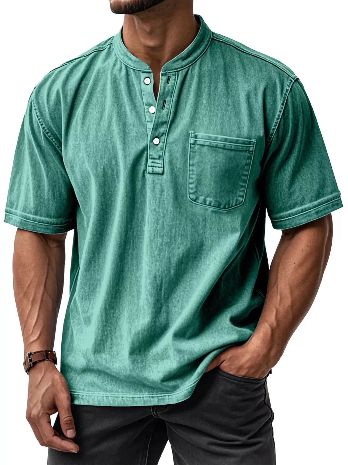 NEWYORKLISTED ATLAS MEN'S COLLECTION: Man wearing a green short-sleeve henley shirt with a pocket on a white background