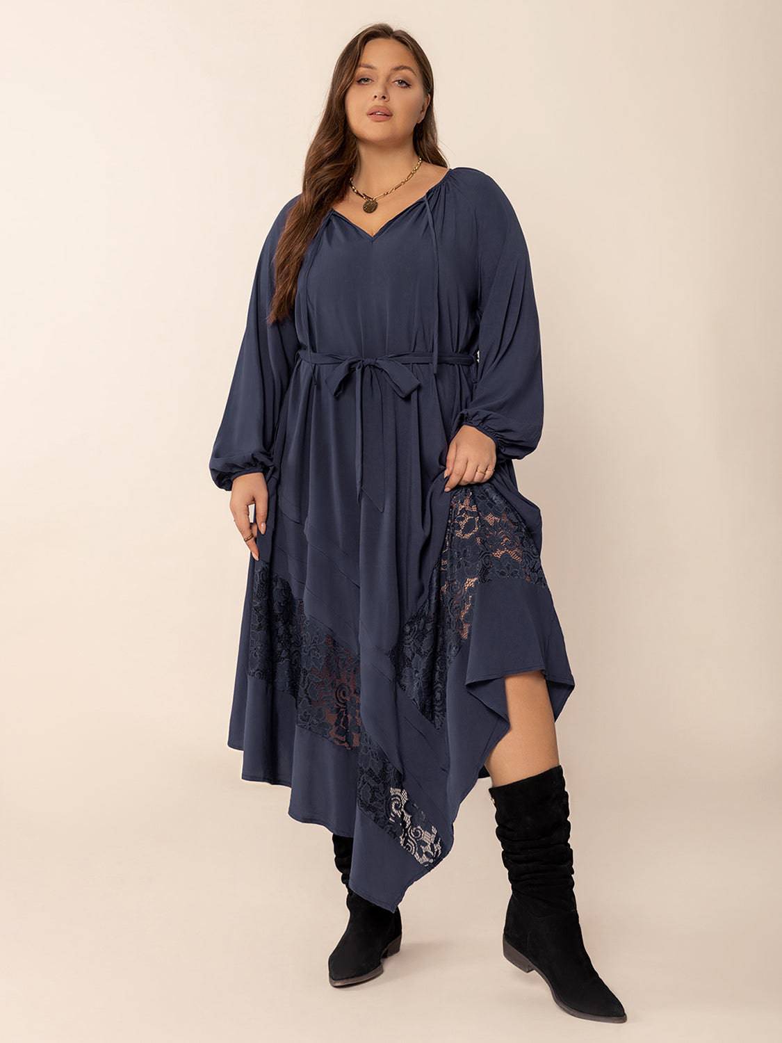 Plus Size Lace Detail Tie Neck Long Sleeve Midi Dress - NEWYORKLISTED