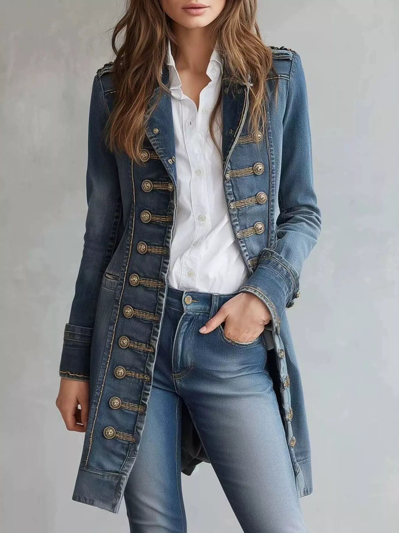 NEWYORKLISTED STYLE COLLECTION – Women's long blue denim military-style jacket featuring decorative gold buttons, structured collar, tailored silhouette, and long sleeves, styled with a white button-down shirt and blue jeans.
