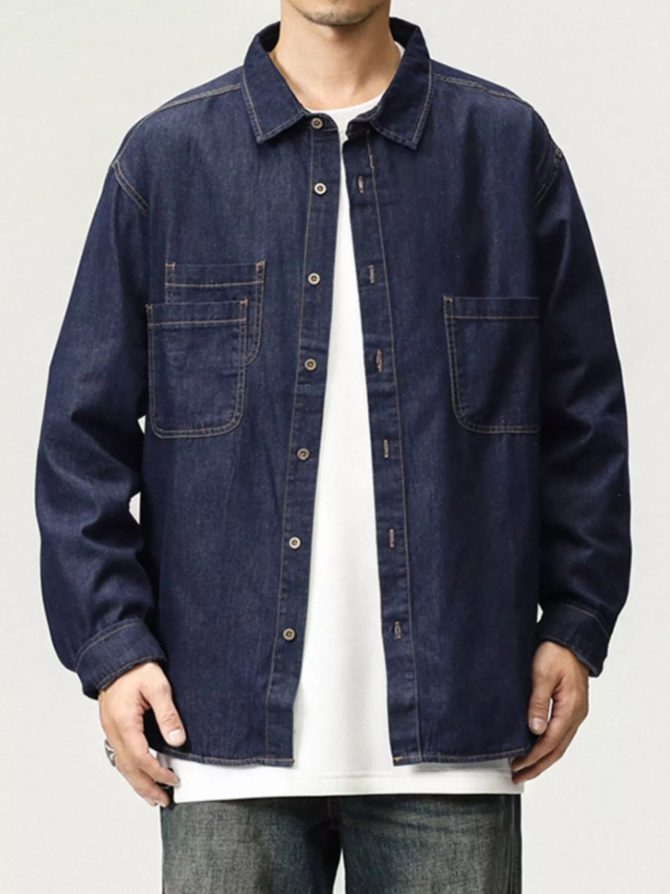 NEWYORKLISTED ATLAS MEN'S COLLECTION – Men's dark blue denim button-down shirt with chest pockets, front view