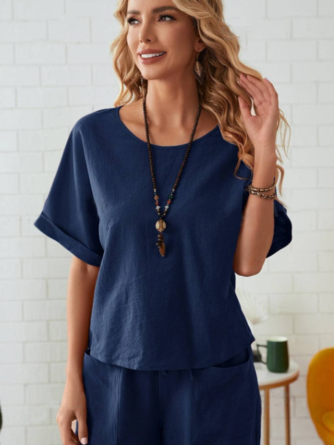NYLD: Round Neck Half Sleeve Top and Pocketed Pants Set - NEWYORKLISTED