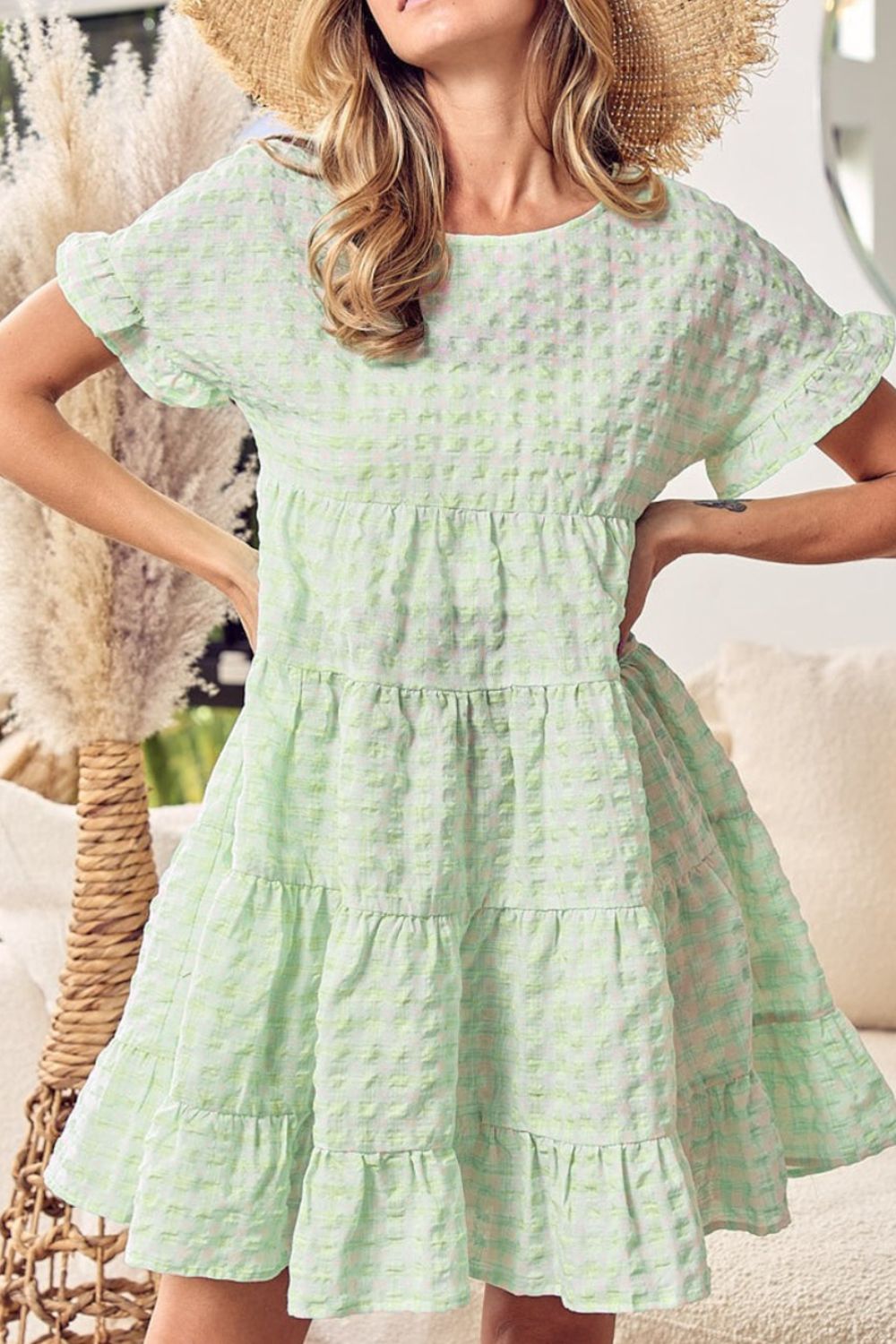 NEWYORKLISTED STYLE COLLECTION: Short Sleeve Tiered Textured Mini Dress in Light Green