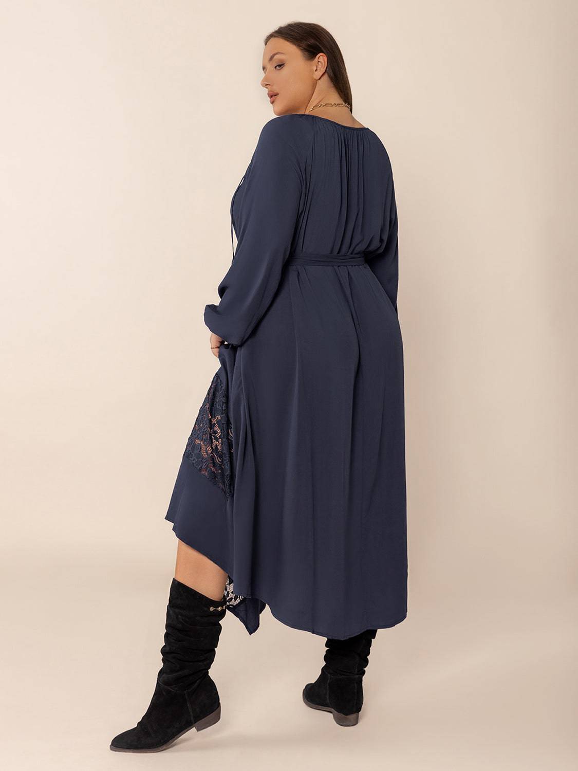 Plus Size Lace Detail Tie Neck Long Sleeve Midi Dress - NEWYORKLISTED