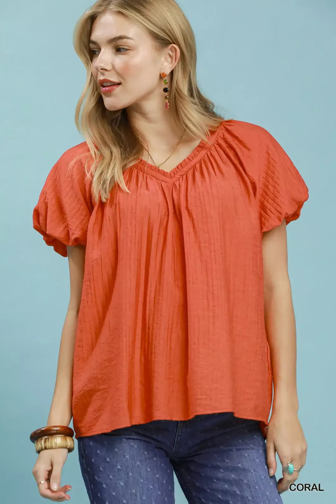 NEWYORKLISTED STYLE COLLECTION: Umgee Gathered V-Neck Top – Flowy Coral Blouse