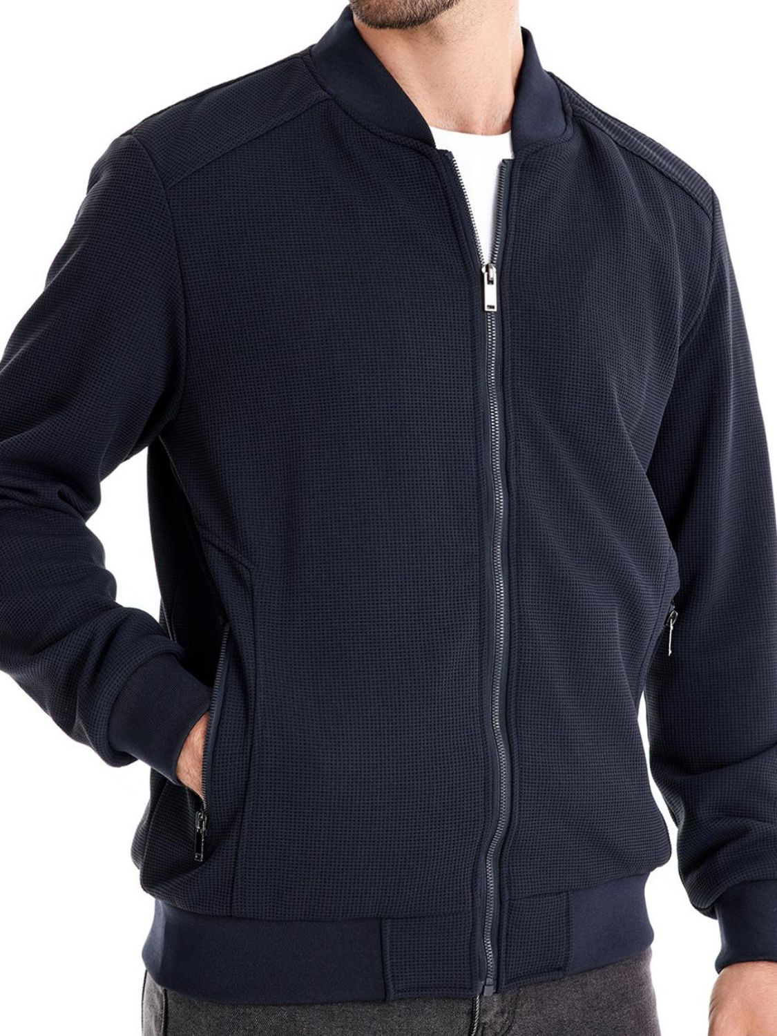 NEWYORKLISTED ATLAS MEN'S COLLECTION: Waffle Knit Baseball Collar Jacket - In Black 