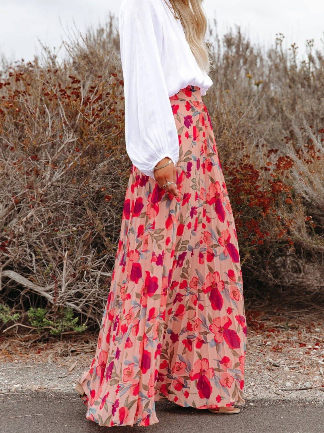 Printed Elastic Waist Pleated Maxi Skirt - NEWYORKLISTED