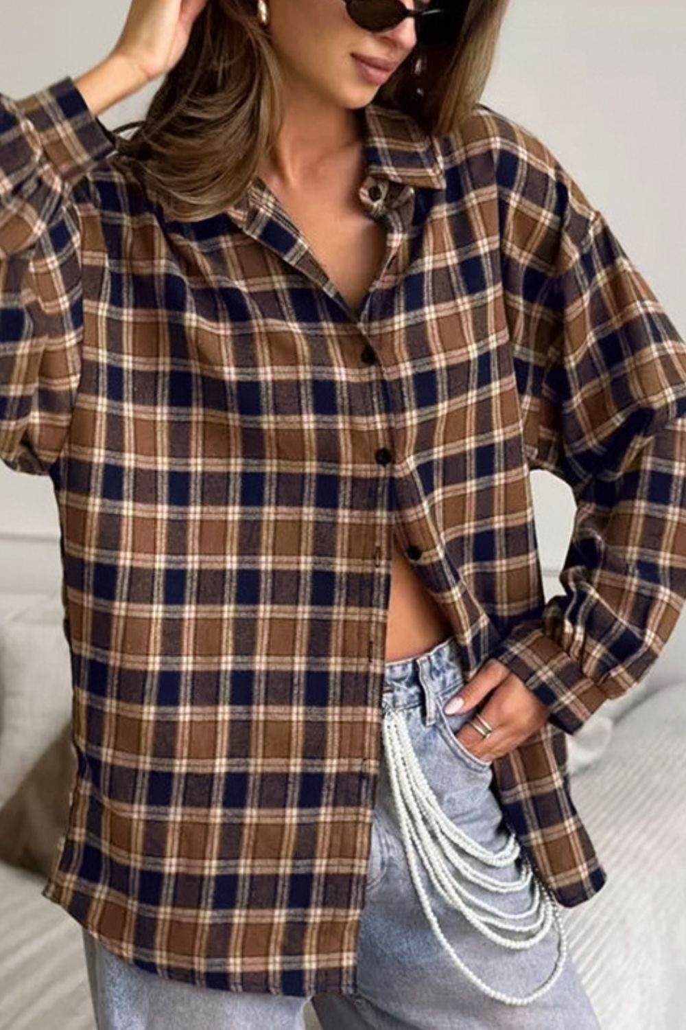 Plaid Button Up Drop Shoulder Shacket - NEWYORKLISTED
