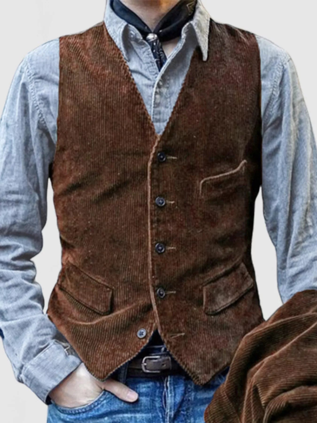 NEWYORKLISTED ATLAS MEN'S COLLECTION: Men's vintage corduroy button-up vest, model view