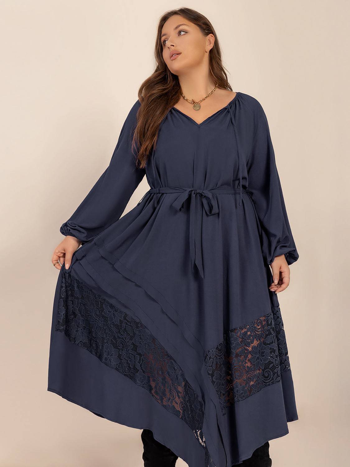 Plus Size Lace Detail Tie Neck Long Sleeve Midi Dress - NEWYORKLISTED
