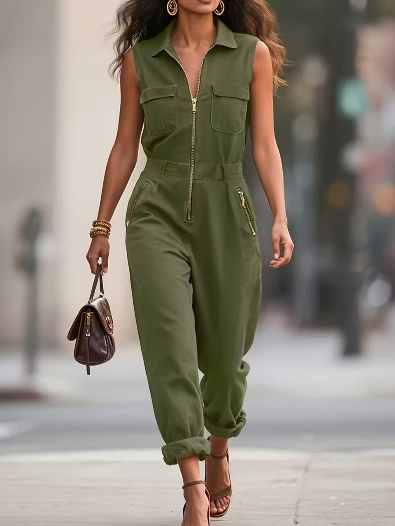 NEWYORKLISTED STYLE COLLECTION: Woman wearing a green jumpsuit holding a brown handbag on a blurred street background
