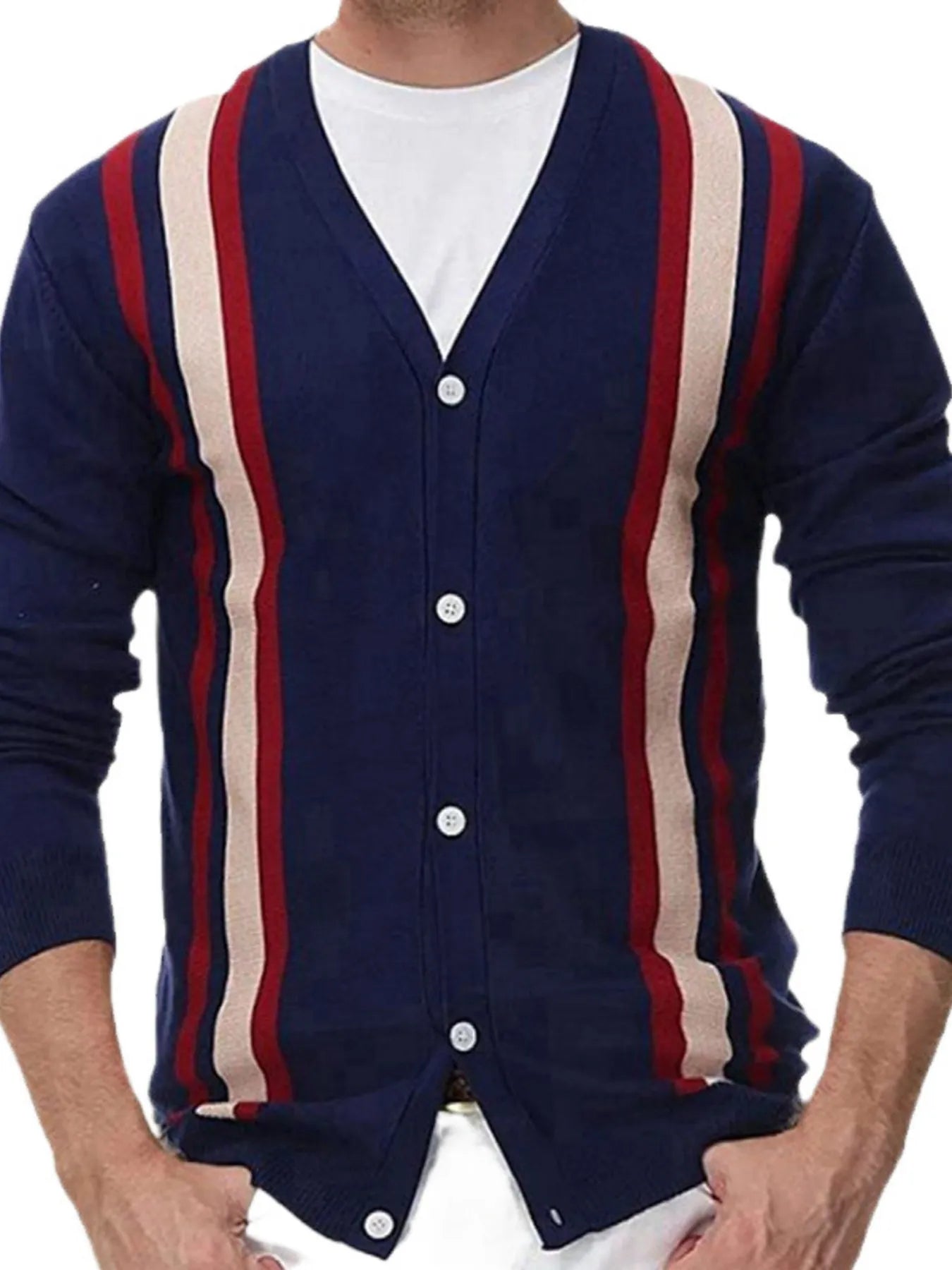 NEWYORKLISTED ATLAS MEN's COLLECTION: Navy cardigan with red and beige stripes over a white shirt on a white background