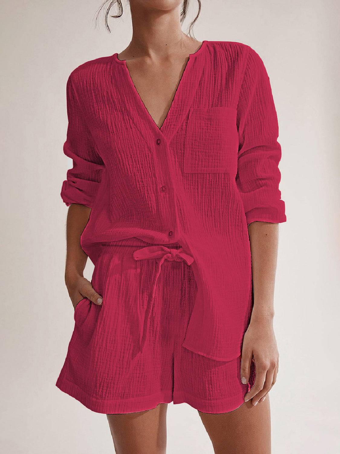 NYLD: Notched Long Sleeve Top and Shorts Set - NEWYORKLISTED