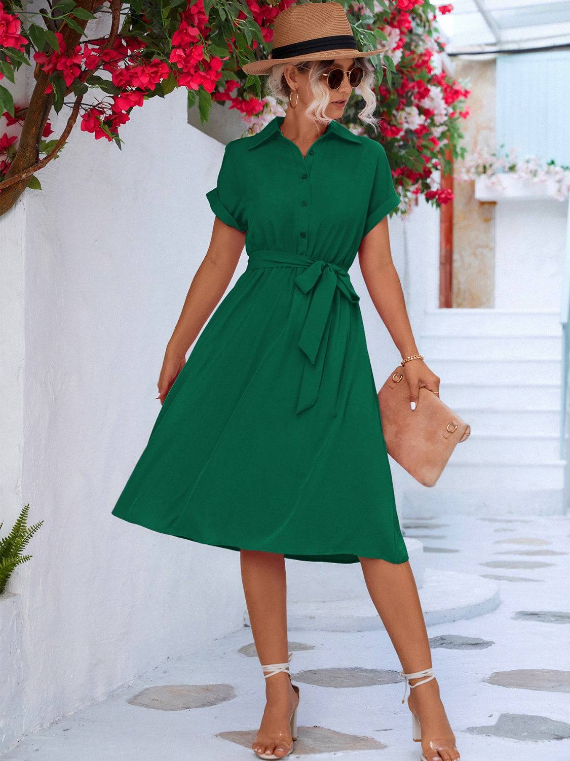 NYLD Buttoned Tie Waist Short Sleeve Dress - NEWYORKLISTED