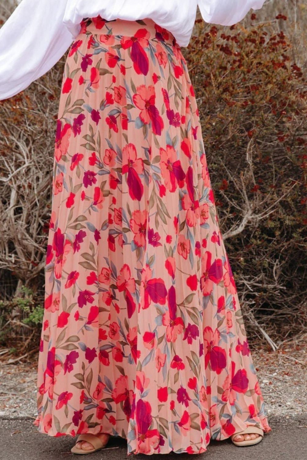 Printed Elastic Waist Pleated Maxi Skirt - NEWYORKLISTED
