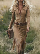 NEWYORKLISTED STYLE COLLECTION: Zip Front Long Sleeve Fringe Dress