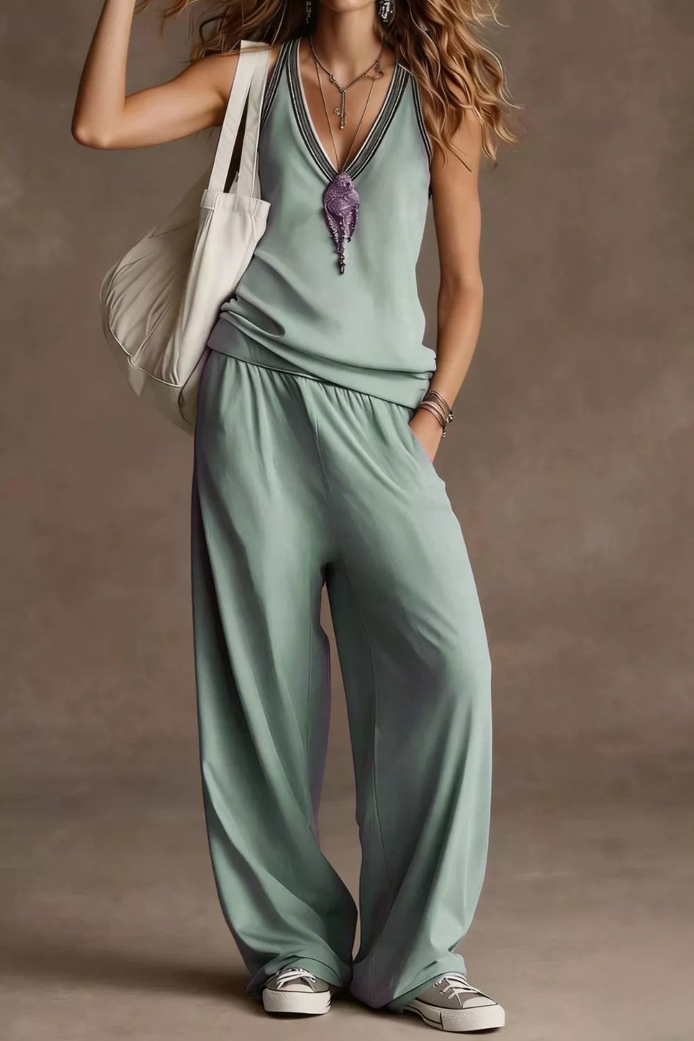 NEWYORKLISTED STYLE COLLECTION: Woman wearing a green sleeveless top and wide-leg pants against a brown background
