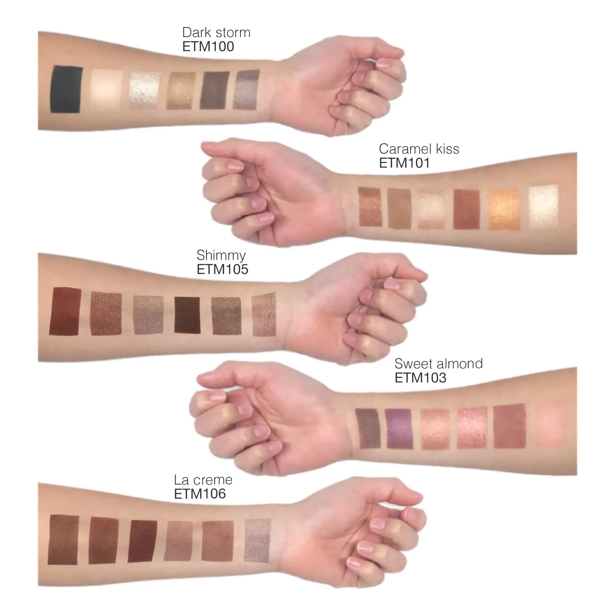 NEWYORKLISTED COSMETIC COLLECTION: Eyeshadow Palette - Caramel Kiss, Color swatches on arms with labels for different makeup shades.