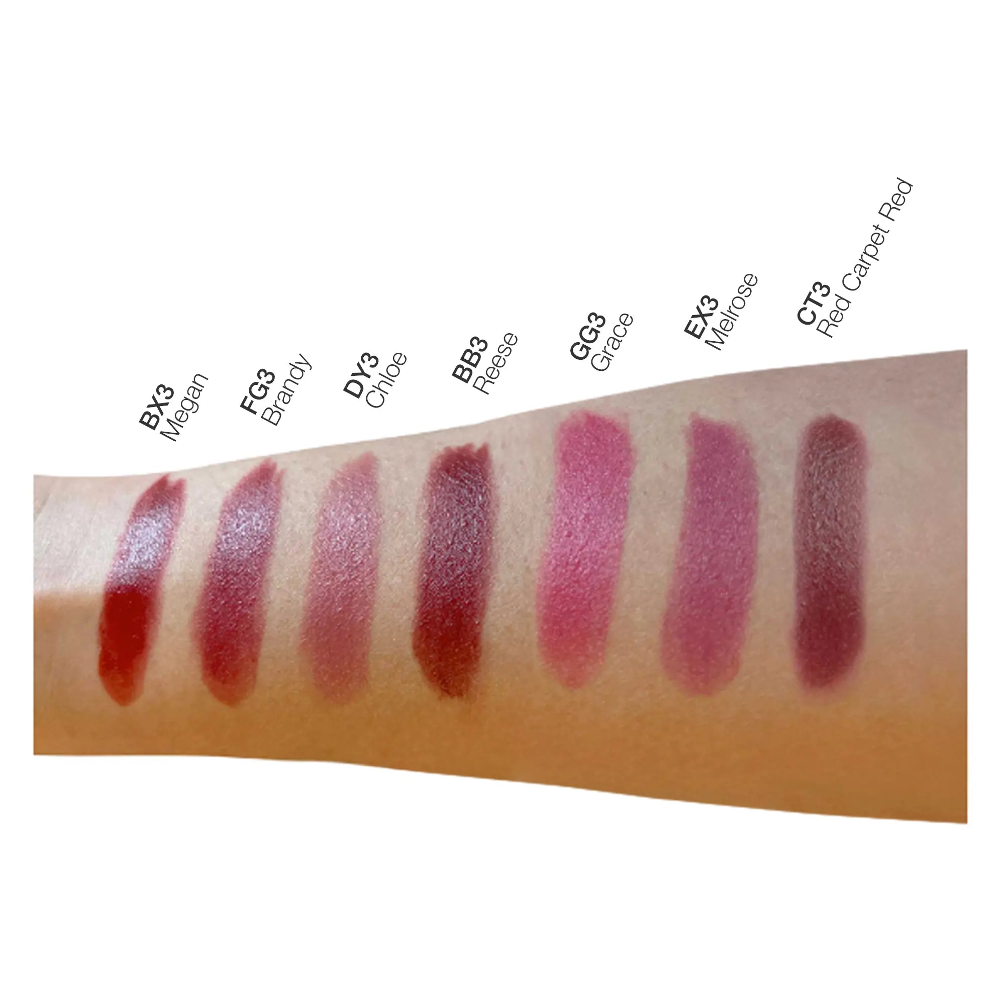 NEWYORKLISTED COSMETIC COLLECTION Luxury Matte Lipstick – colors shown on skin in various shades.