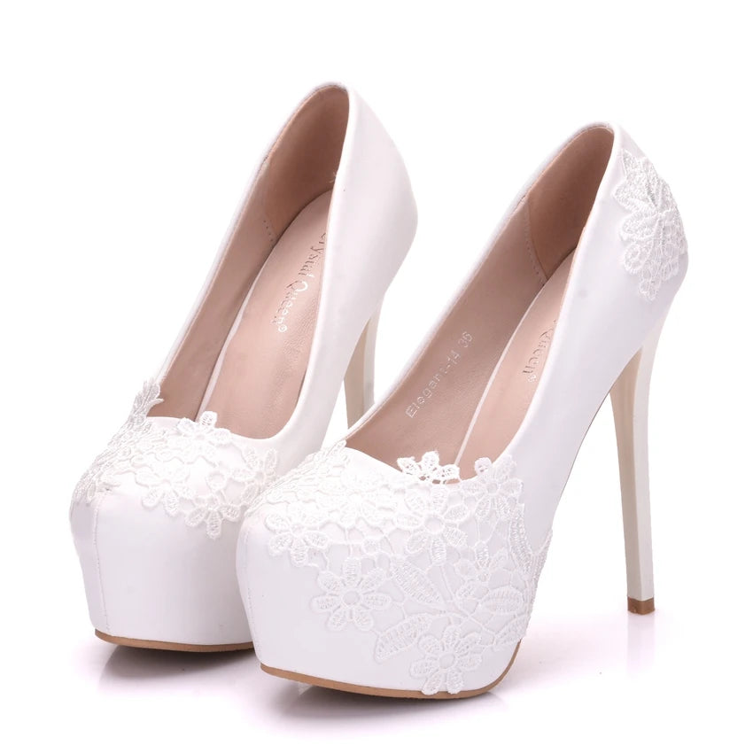 White Lace High Heels Wedding Shoes Bride Party Shoes Women Pumps  Paltform Ladies Sandals Bridal Shoes Ankle Strap Wedges - NEWYORKLISTED