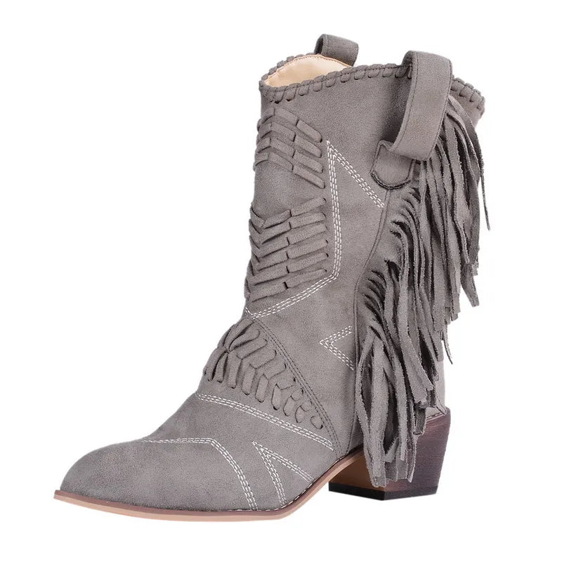 2022 Women Boots Western Cowgirl Fringe Boots Vintage Motorcycle Riding Boots Thick High Heel Leather Plus Size Chaussure Femme - NEWYORKLISTED