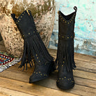 Women's Fashion Western Cowgirl Cowboy Boots Wide Pointed Toe Mid Calf Womens PU Leather Tassel Boots - NEWYORKLISTED