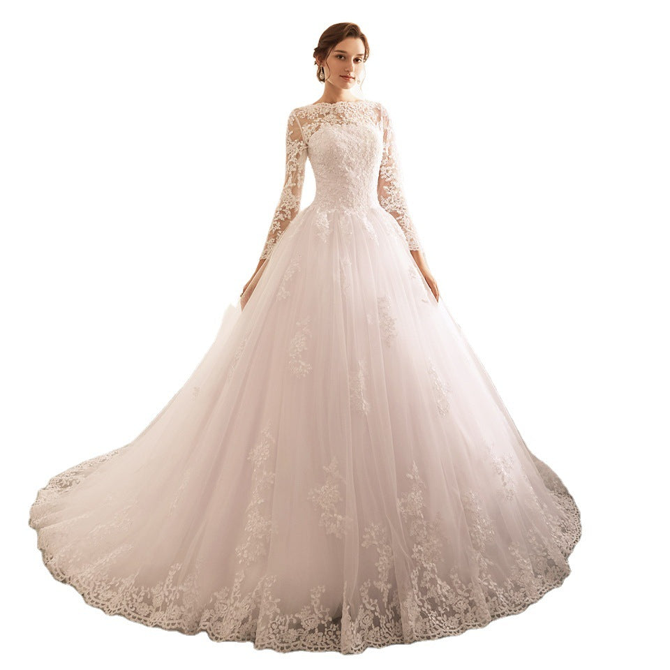 Elegant Wedding Dress New Large Fashion Long Sleeve Round Neck Lace Flax - NEWYORKLISTED
