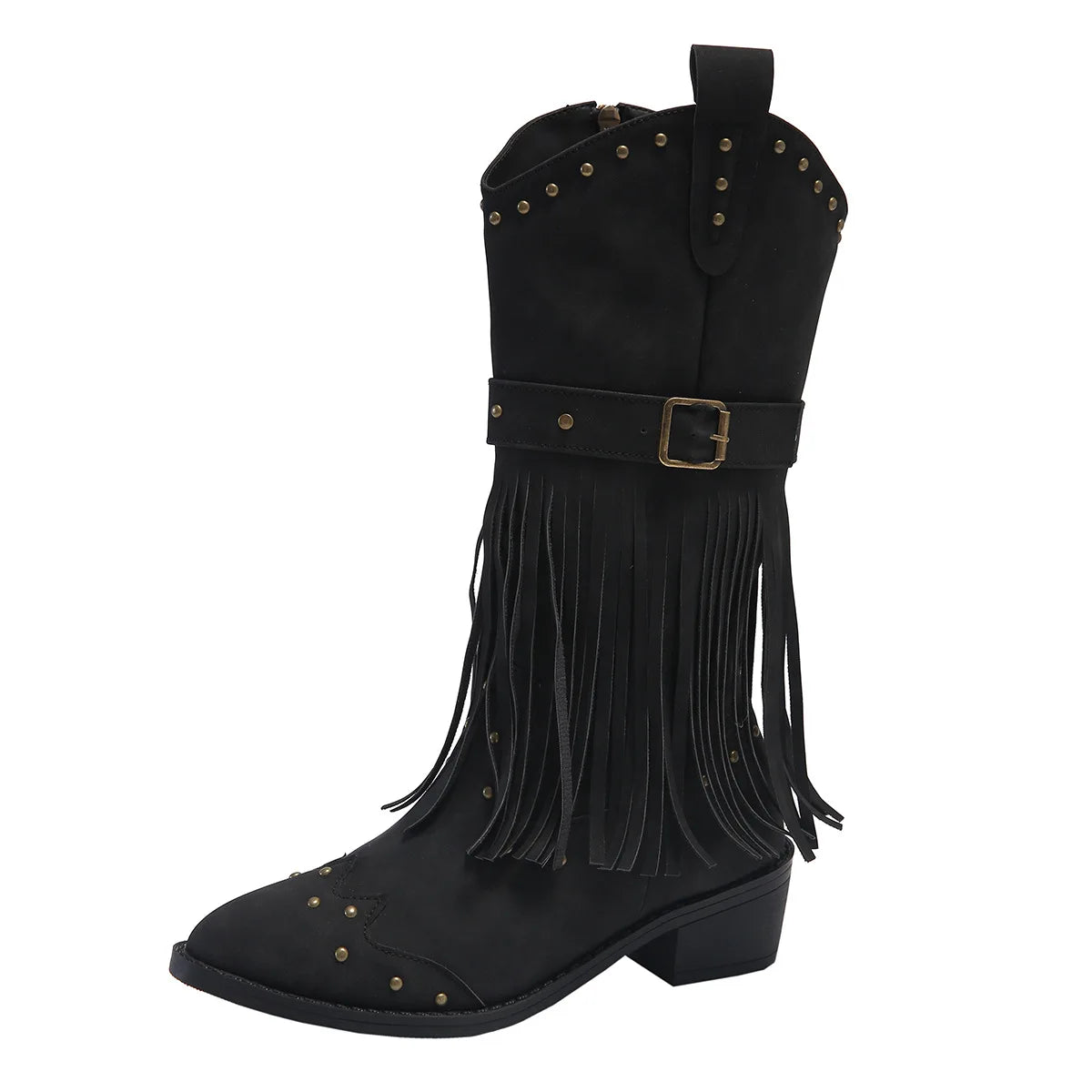 Women's Fashion Western Cowgirl Cowboy Boots Wide Pointed Toe Mid Calf Womens PU Leather Tassel Boots - NEWYORKLISTED