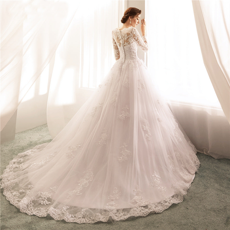 Elegant Wedding Dress New Large Fashion Long Sleeve Round Neck Lace Flax - NEWYORKLISTED