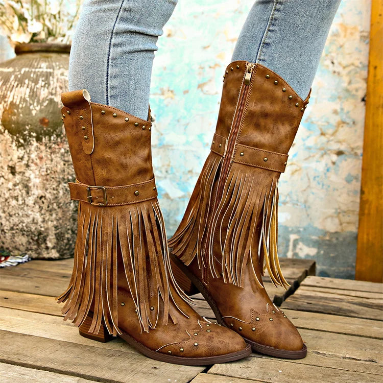 Women's Fashion Western Cowgirl Cowboy Boots Wide Pointed Toe Mid Calf Womens PU Leather Tassel Boots - NEWYORKLISTED