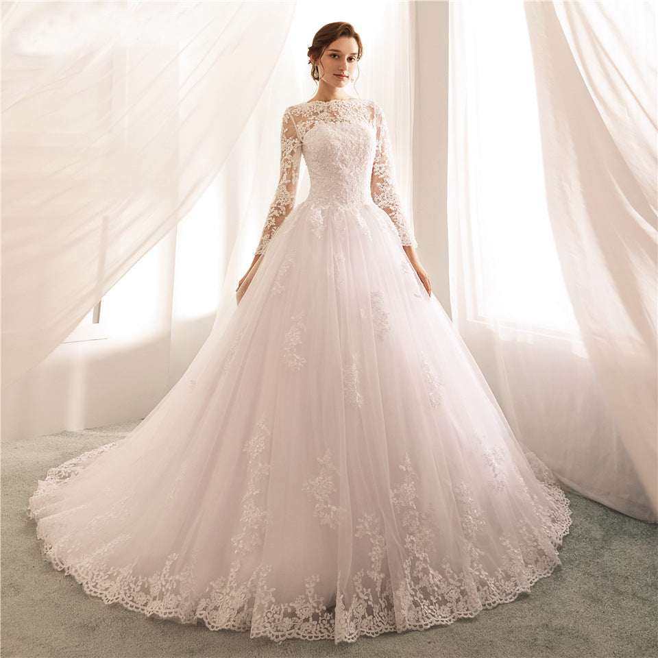 Elegant Wedding Dress New Large Fashion Long Sleeve Round Neck Lace Flax - NEWYORKLISTED