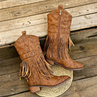 Women's Fashion Western Cowgirl Cowboy Boots Wide Pointed Toe Mid Calf Womens PU Leather Tassel Boots - NEWYORKLISTED
