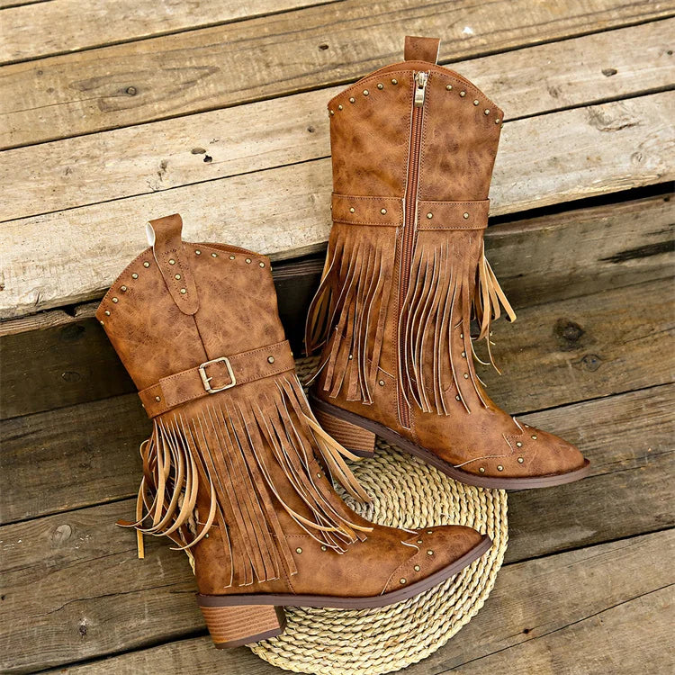 Women's Fashion Western Cowgirl Cowboy Boots Wide Pointed Toe Mid Calf Womens PU Leather Tassel Boots - NEWYORKLISTED
