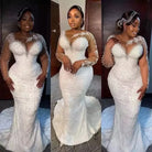 Woman wearing a white beaded evening gown in three different poses.