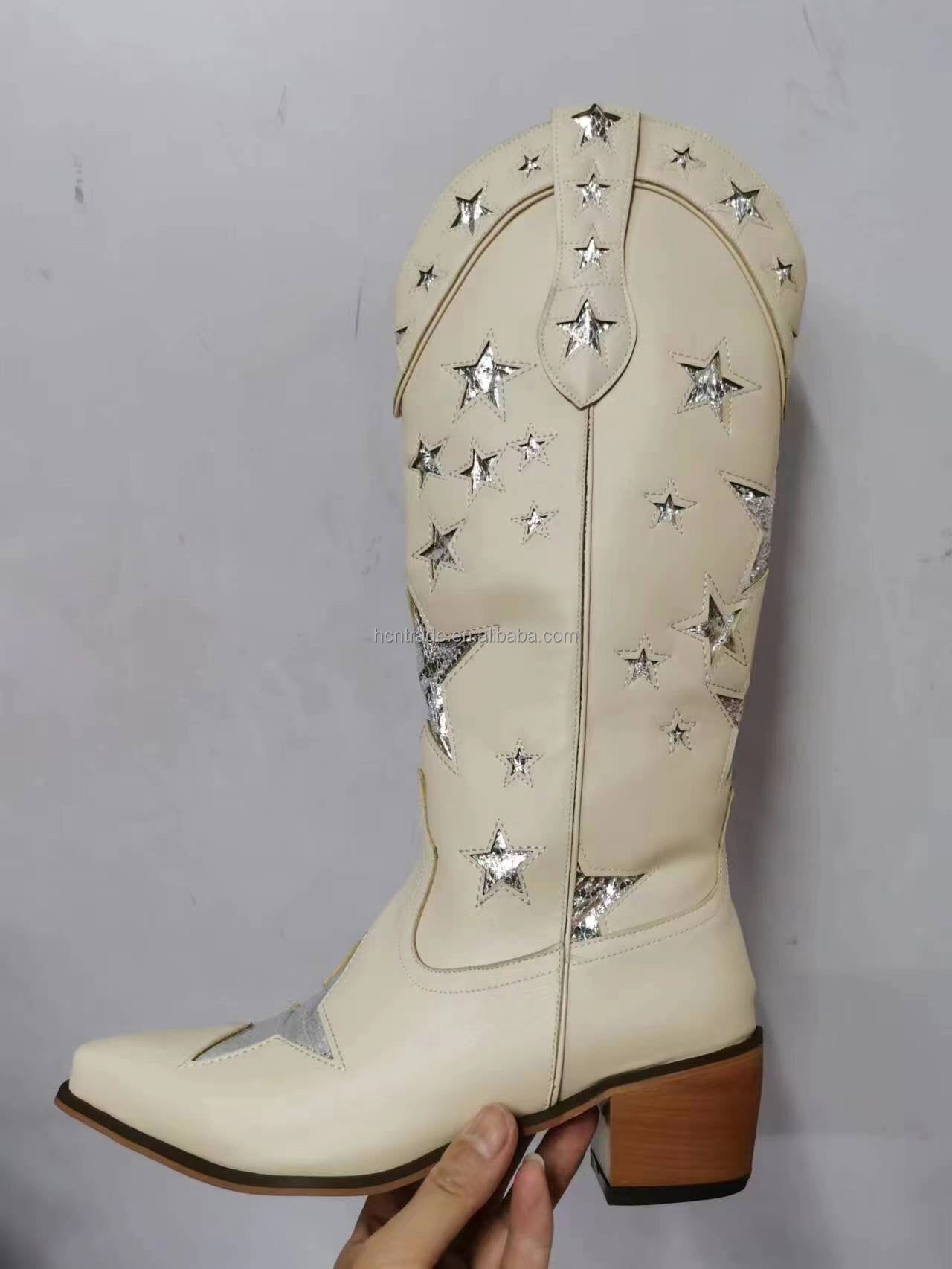 BUSY GIRL XY4068 Womens Western Boots Knee High Classic Star Black Heels Hiking Party Shoes Black Leather Cowboy Boots for Women - NEWYORKLISTED