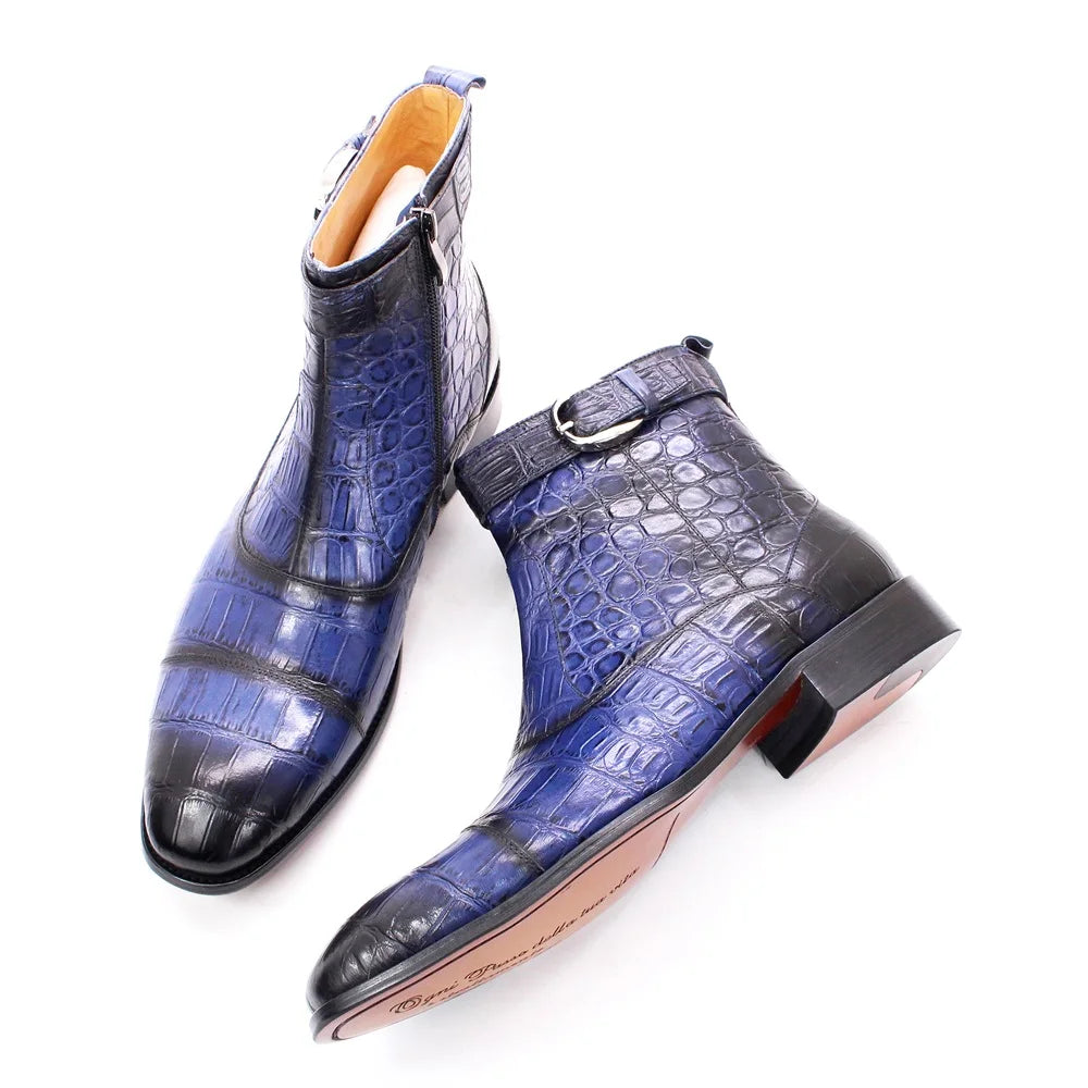 NEWYORKLISTED MEN'S COLLECTION: Blue crocodile-patterned dress shoes on a white background