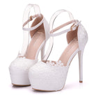 White Lace High Heels Wedding Shoes Bride Party Shoes Women Pumps  Paltform Ladies Sandals Bridal Shoes Ankle Strap Wedges - NEWYORKLISTED