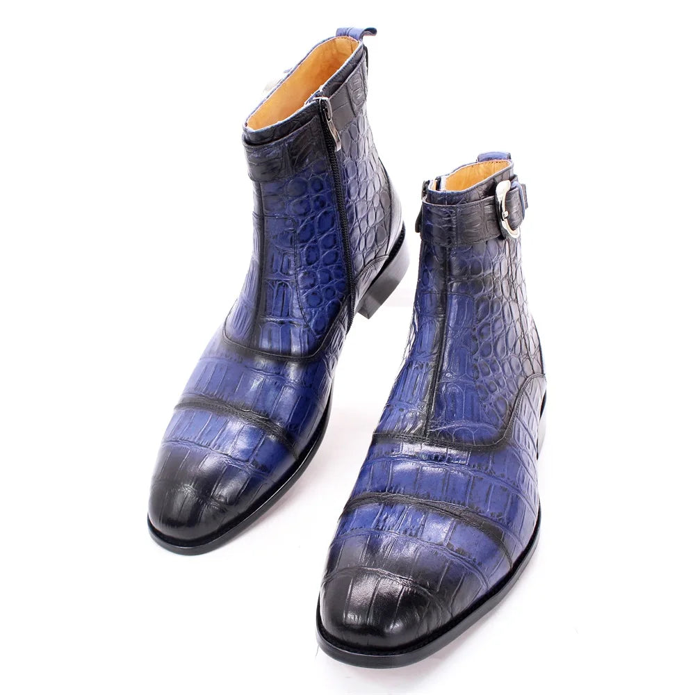 NEWYORKLISTED MEN'S COLLECTION: Blue crocodile-patterned leather boots on a white background