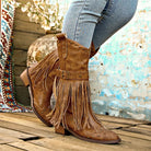 Women's Fashion Western Cowgirl Cowboy Boots Wide Pointed Toe Mid Calf Womens PU Leather Tassel Boots - NEWYORKLISTED