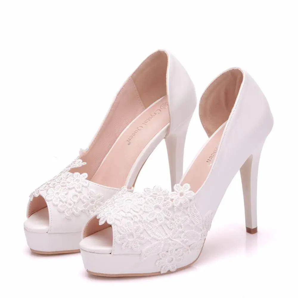 White Lace High Heels Wedding Shoes Bride Party Shoes Women Pumps  Paltform Ladies Sandals Bridal Shoes Ankle Strap Wedges - NEWYORKLISTED
