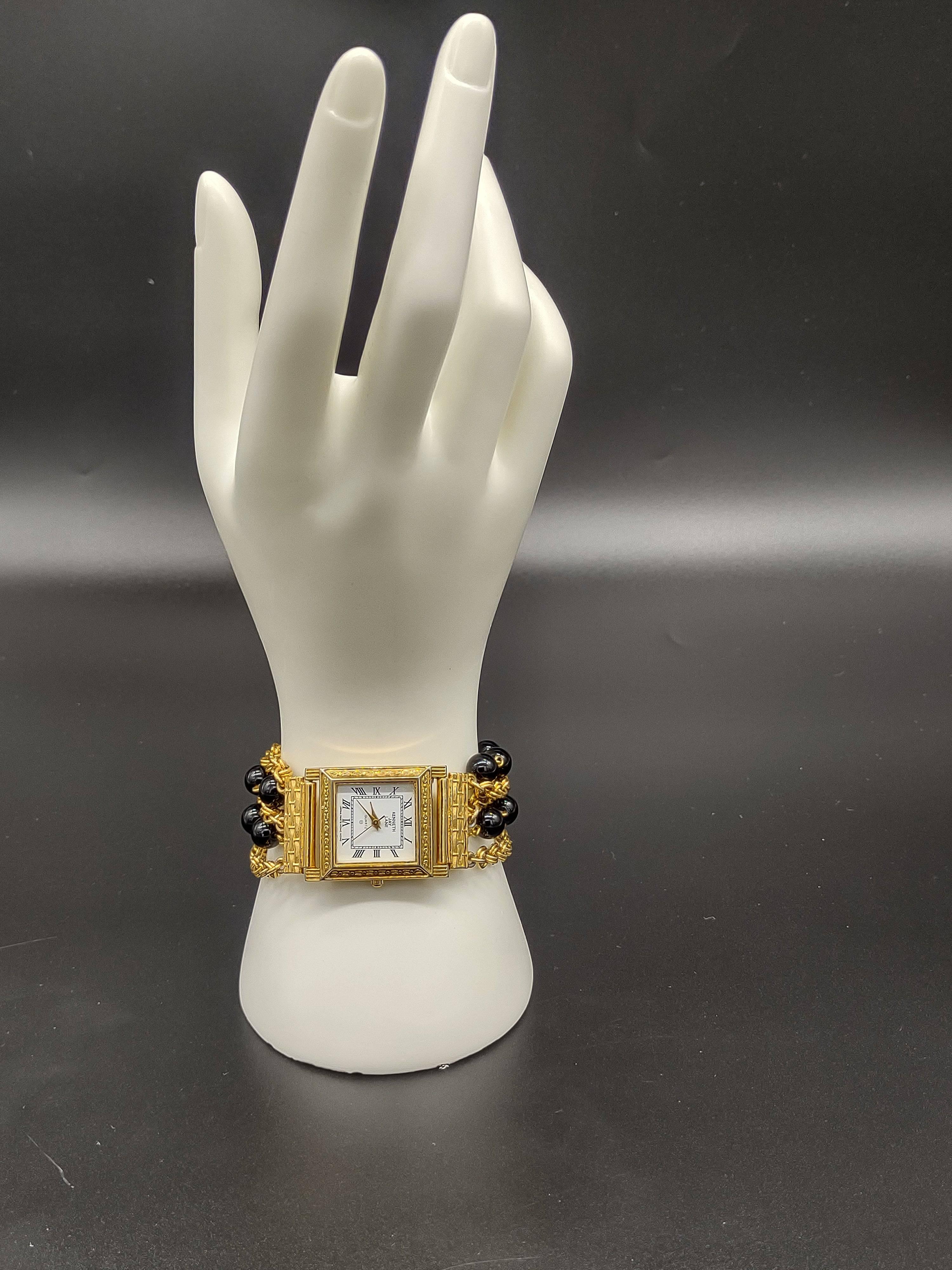NEWYORKLISTED VINTAGE - Kenneth Jay Lane Onyx Bead and Gold Tone Chain Bracelet Watch