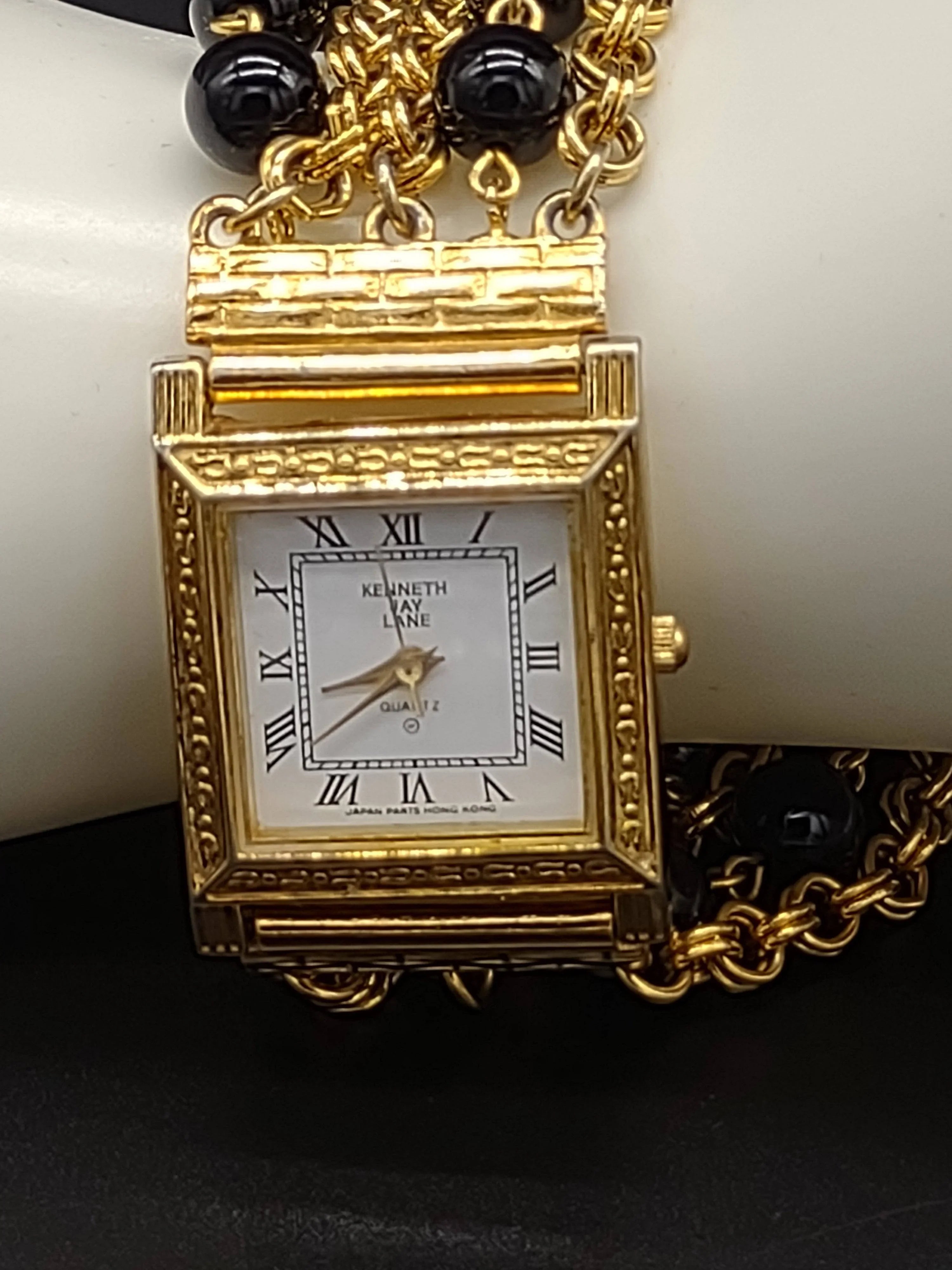 NEWYORKLISTED VINTAGE - Kenneth Jay Lane Gold Tone Faux Onyx Beads Bracelet Watch - NEWYORKLISTED