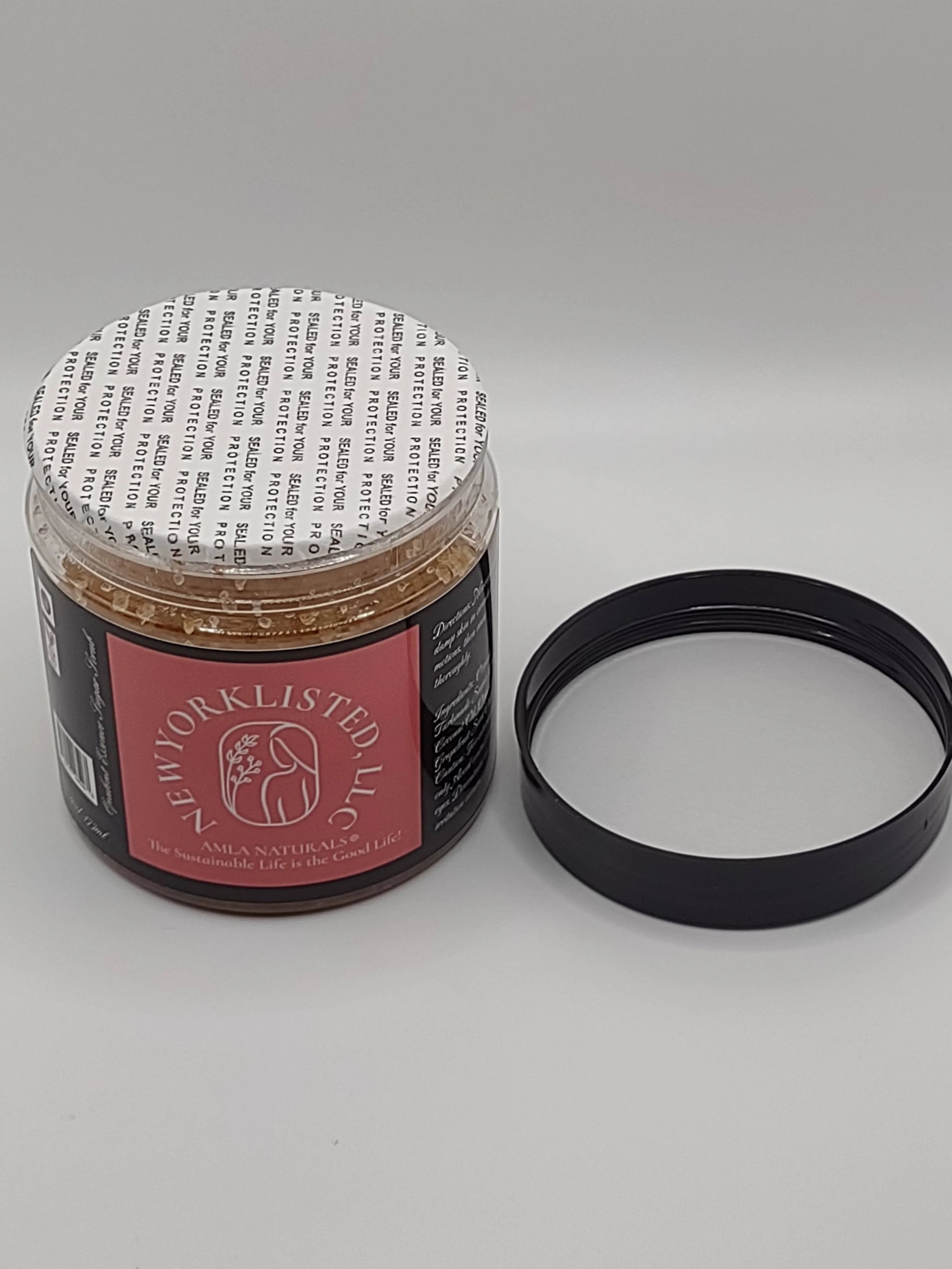AMLA NATURALS Opulent Essence Sugar Scrub 6oz Jar Shown with Safety Seal 