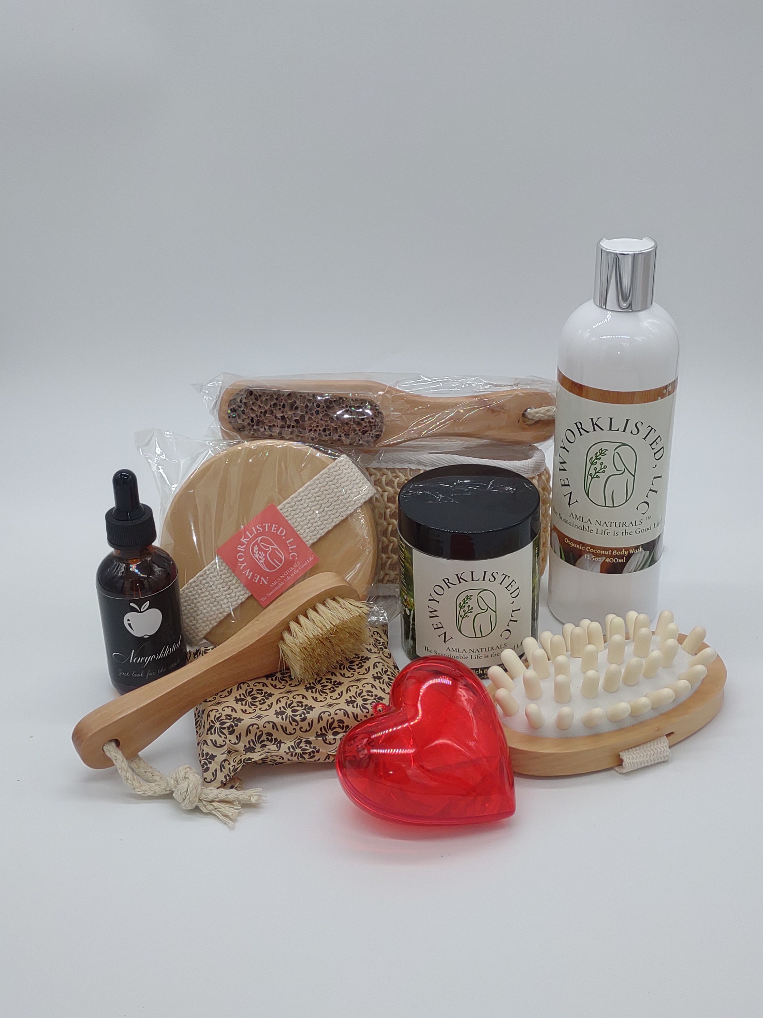 NEWYORKLISTED Valentine’s Day Luxury Spa Gift Basket, Collection of natural skincare and grooming products on a white background