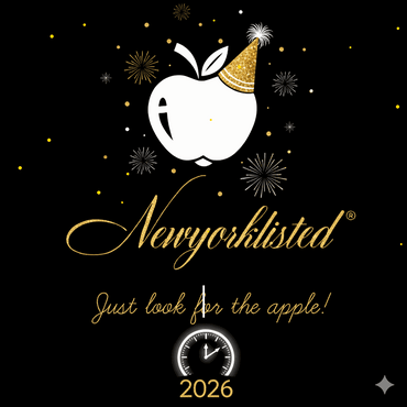 NewYorkListed New Year celebration logo featuring a white apple with a gold party hat, sparkling fireworks, and a glowing clock counting down to 2026 on a black background