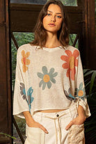 NEWYORKLISTED STYLE COLLECTION:  Flower Dropped Shoulder Long Sleeve Knit Top - NEWYORKLISTED