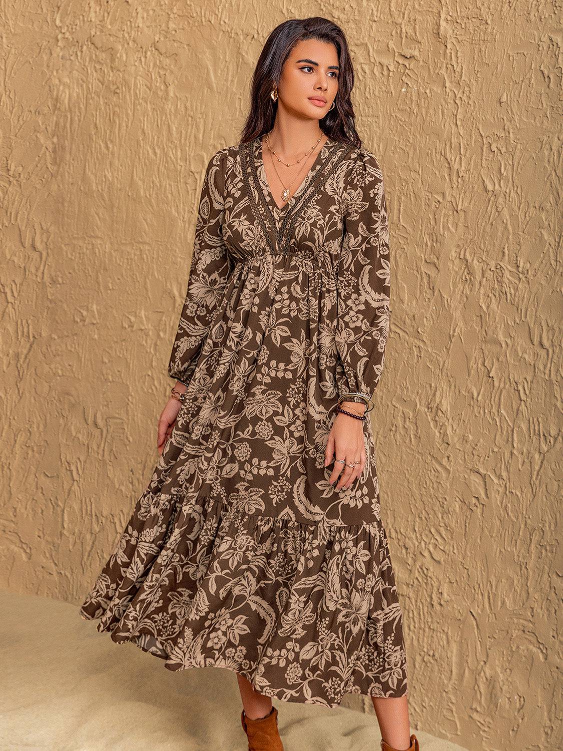 Ruched Printed V-Neck Long Sleeve Midi Dress - NEWYORKLISTED