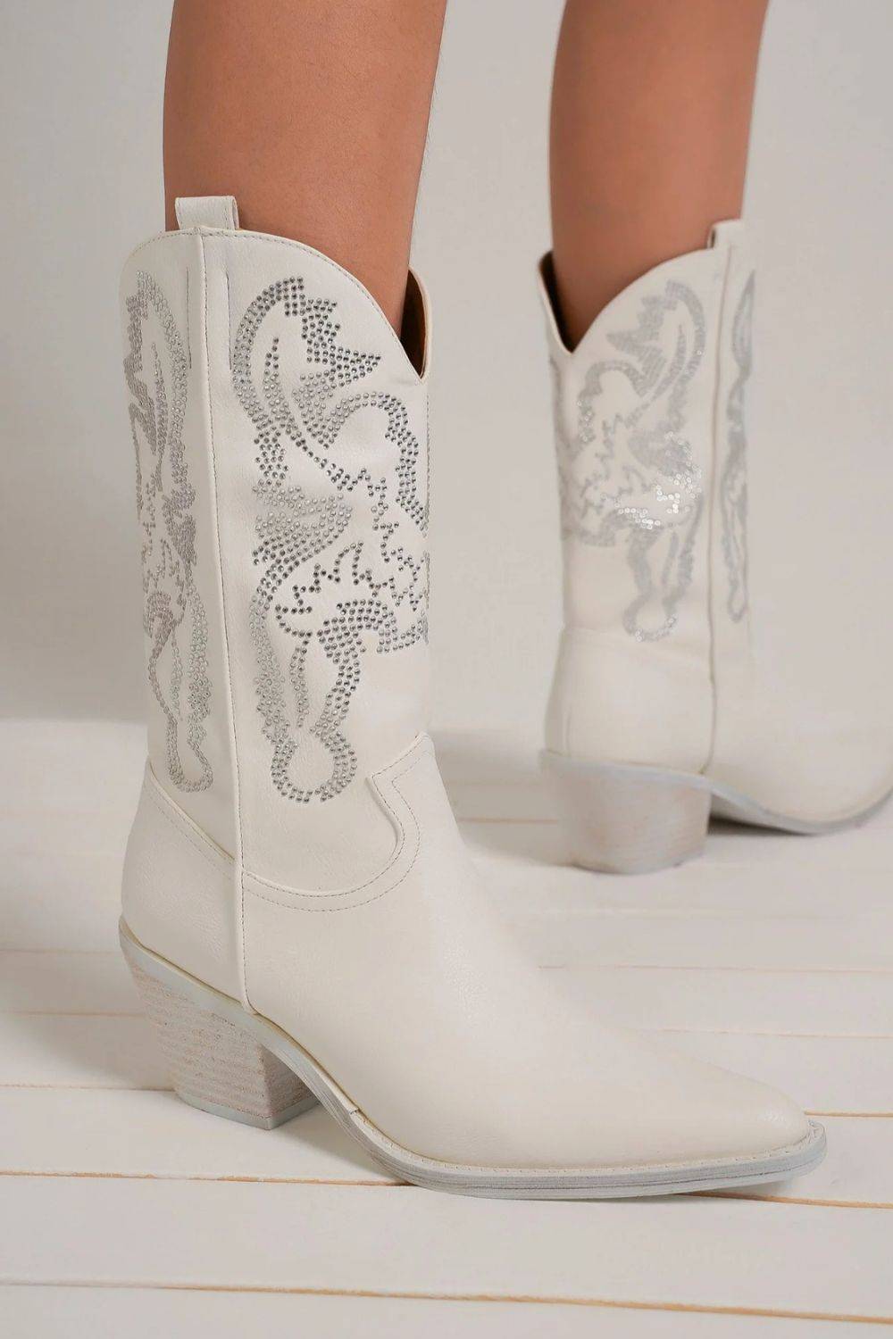 NEWYORKLISTED STYLE COLLECTION: White Fashion Rhinestone Detail Point Toe Boots - NEWYORKLISTED