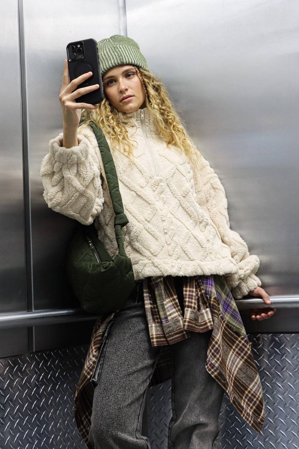 NEWYORKLISTED STYLE COLLECTION:  Fleece Half Zip Cable Pattern Sweater - NEWYORKLISTED