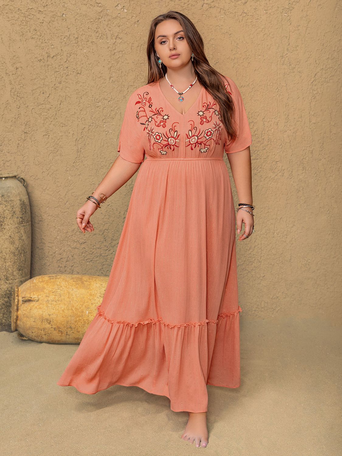 NEWYORKLISTED STYLE COLLECTION: Plus Size Embroidered Half Sleeve Maxi Dress