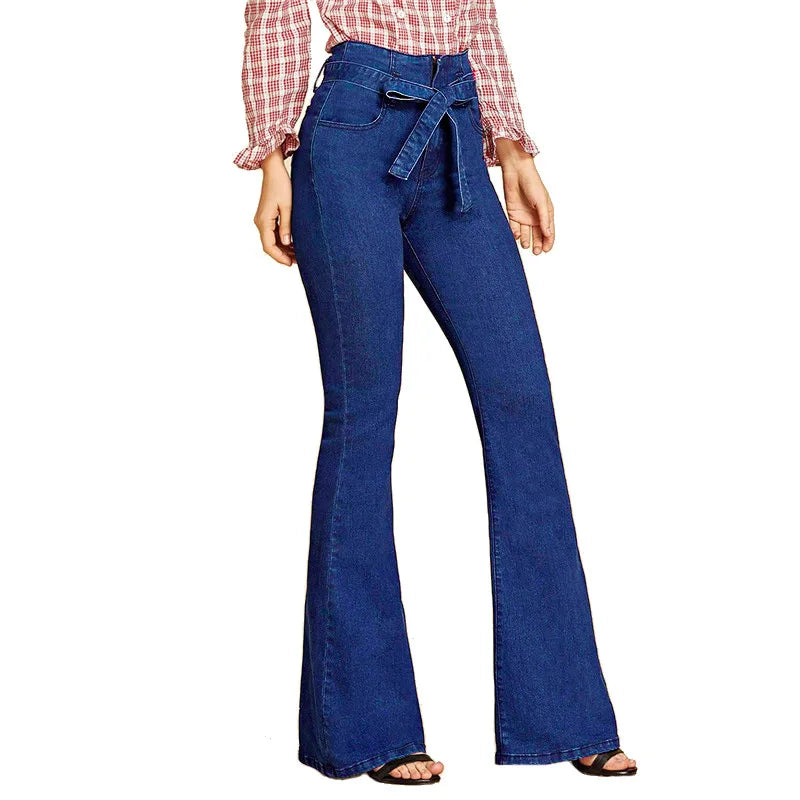 Blue Tie Waist Flare Jeans Women Slim Denim Trousers Vintage Clothes 2021 Spring High  Pants Belted Stretchy Wide Leg - NEWYORKLISTED